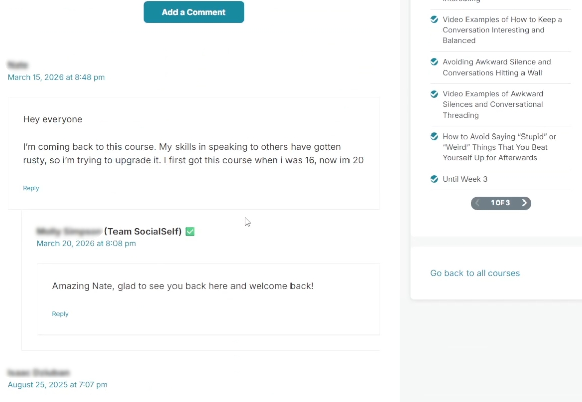 The member comment thread beneath a lesson