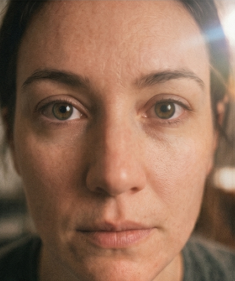 Close-up portrait of a person's eyes in sharp focus, looking directly into the camera