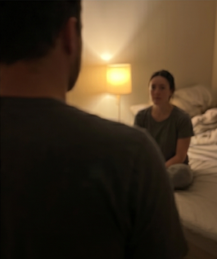 A blurry, unposed photo taken mid-experiment, two people facing each other in the soft glow of a bedside lamp