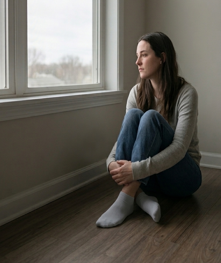 A person sitting alone by a window in overcast daylight, looking away in quiet reflection