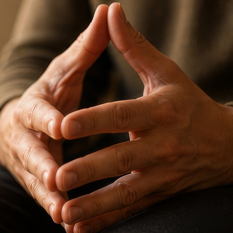 A close-up of two hands forming a finger steeple in soft warm light
