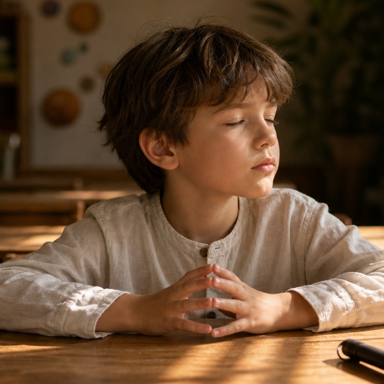 A young child sitting at a wooden classroom table, eyes softly closed, fingertips gently pressed together, depicting Navarro's 1974 observation of congenitally blind children