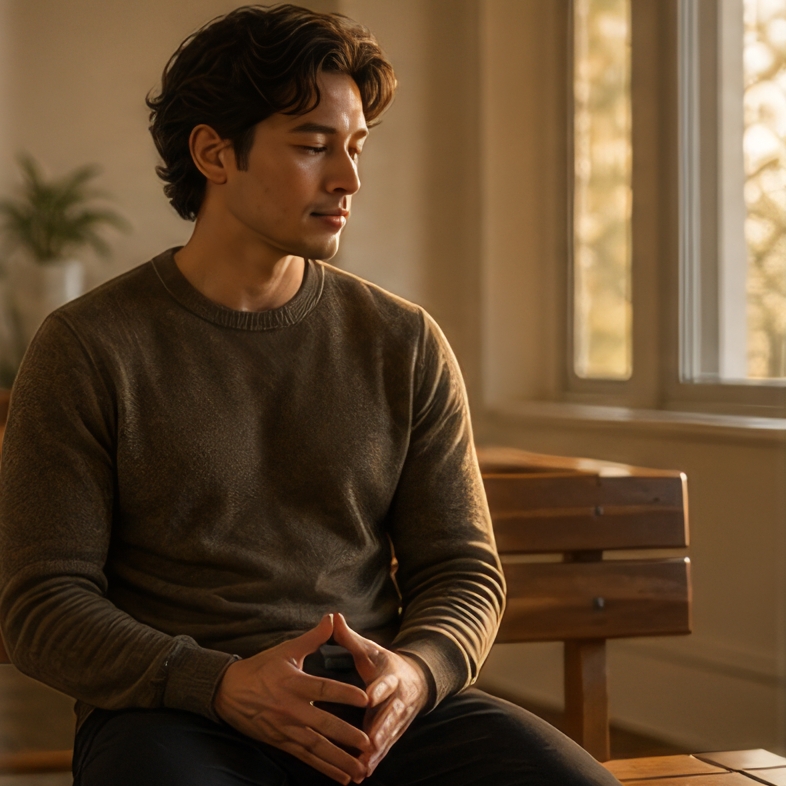 A person sitting alone on a wooden bench in soft afternoon light, hands resting in their lap with fingertips lightly touching